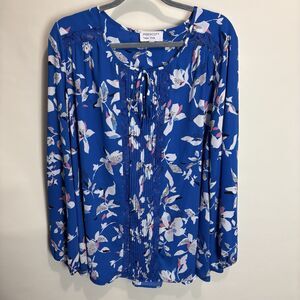 Prescott NY Peasant Top Plus Size 3X Pleated Long Sleeve Blue Floral Cottage